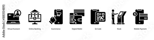 Digital Commerce Tools web banner icon vector illustration featuring Virtual Assistant, Online Banking, E-commerce, Digital Wallet, Qr Code, Kiosk, and Mobile Payment.