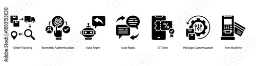 Secure Digital Access web banner icon vector illustration featuring Order Tracking, Biometric Authentication, Auto Reply, Auto Reply, E Ticket, Package Customization, and Atm Machine.
