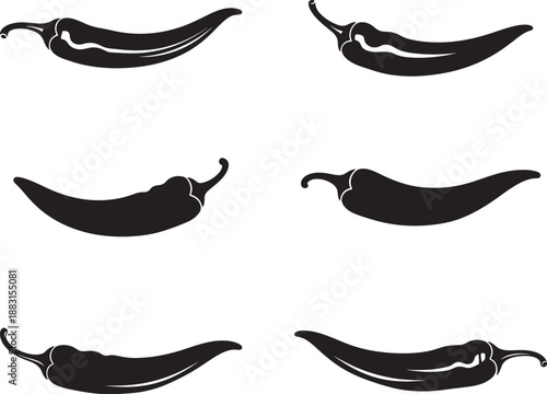 Six solid black chili peppers in different positions 