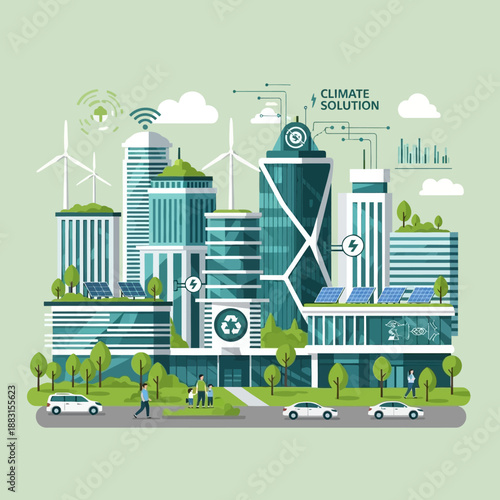 Vector illustration of a green eco city street with urban buildings, trees, and cars under a blue sky design for a sustainable business landscape and skyline