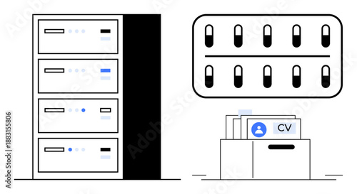 Data storage concept. Illustration of server racks and organized document filing for data storage and retrieval purposes. Data storage for business, technology, cloud computing, and databases