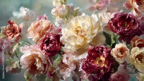 Spring flowers in pastel colors create a soft scene with large blooms and gentle light in an airy setting