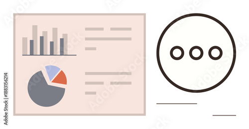 Data analysis, business intelligence, reporting tools, data visualization, analytical trends, modern reporting. A bar chart and pie chart alongside an abstract dotted icon. Data analysis and business