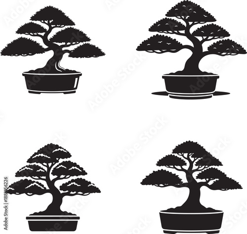 Four bonsai trees in black silhouette in different positions 