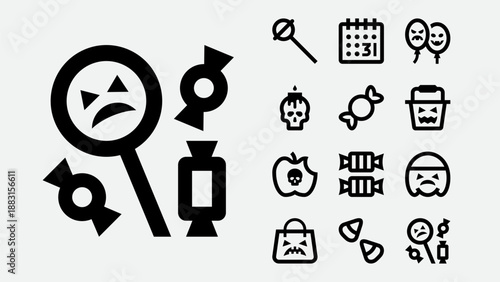 Trick or treat candy and Halloween sweets icons set