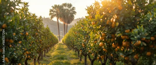 Obraz  z motywem Oranges and palm trees in a grove of citrus trees