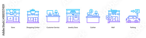 Mall Services web banner vector illustration featuring Store, Shopping Center, Customer Service, Jewelry Store, Cashier, Mall, and Parking.