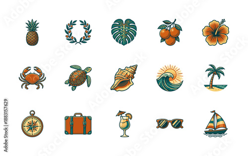 Vintage Woodcut Style Tropical Island Vacation Graphic Element Kit for Summer Resort Branding