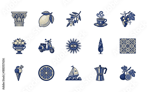 Woodcut Style Mediterranean Summer Lifestyle Graphic Element Set for Italian Coastal Hospitality Branding