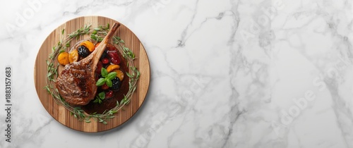 Steak of lamb rib chops with roasted vegetables and gravy sauce displayed on a cutting board against a white marble background