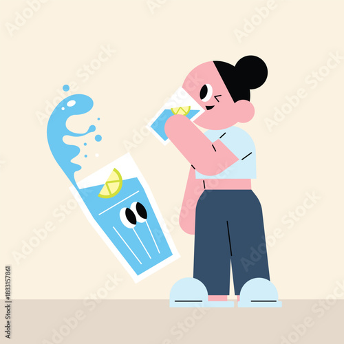 Minimalist character wellness routine set including meditation stretching and drinking lemon water for healthy lifestyle