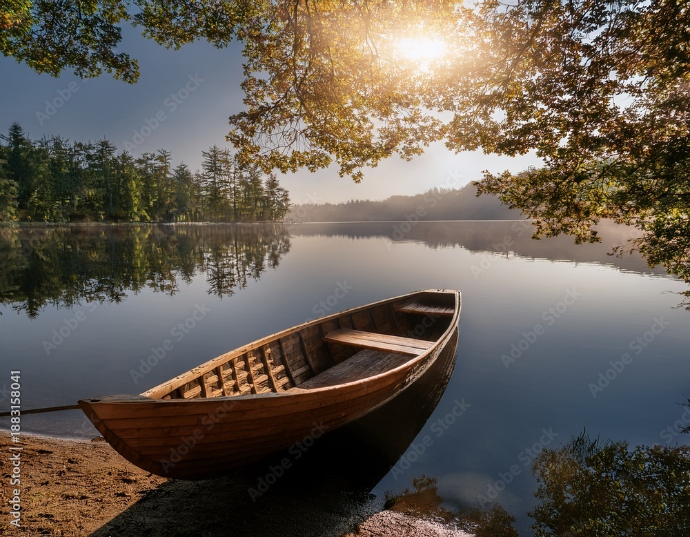 Obraz premium serene lake scene with wooden boat sunlight filtering through t