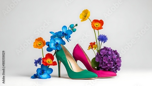 Two elegant high-heeled shoes, one emerald green and one fuchsia, are beautifully adorned with vibrant, colorful flowers.