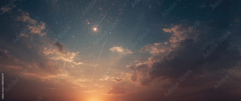 Fototapeta premium Meteor shower at sunset featuring falling meteorites and shooting stars against a cloudy sky