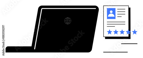 Laptop positioned next to user profile document featuring a photo and five-star rating. Ideal for digital identity, online feedback, cybersecurity, e-commerce, reputation management, user reviews