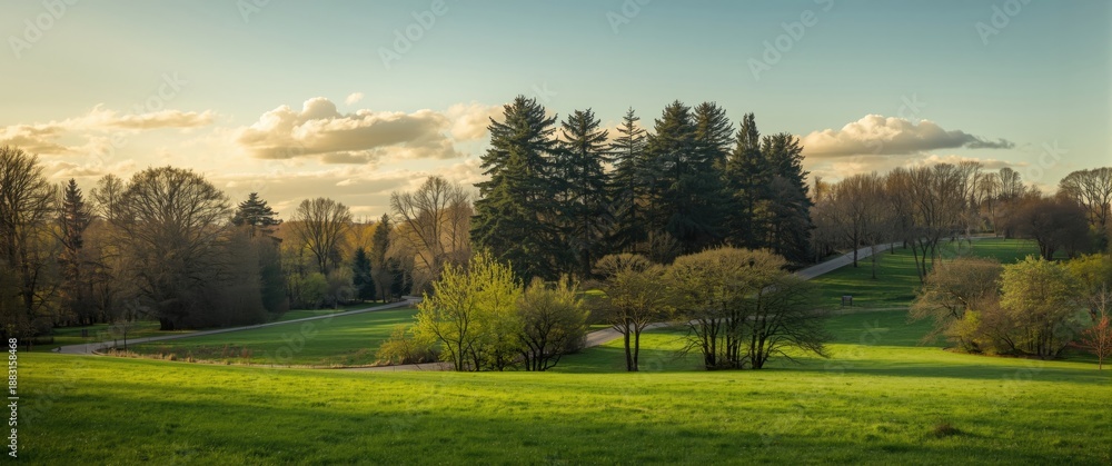 Fototapeta premium Landscape of a spring park with trees and fir trees along the road, summer scene, travel, nature, city, grass, road