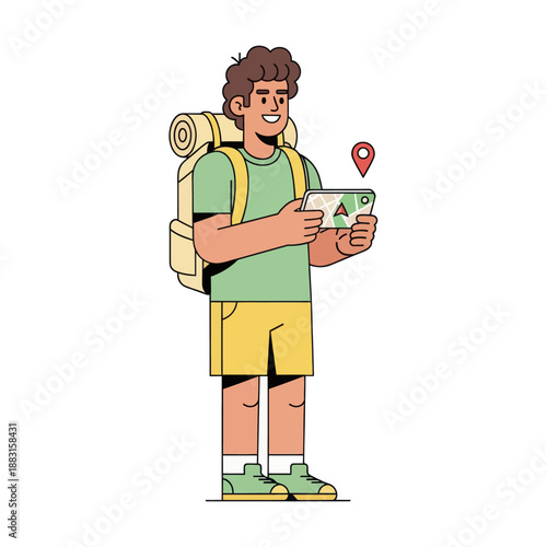 Young Male Traveler with Backpack Using Navigation Map on Smartphone, Vector Illustration of Man Navigating with Mobile GPS App, Happy Backpacker Explorer Isolated on White Background.