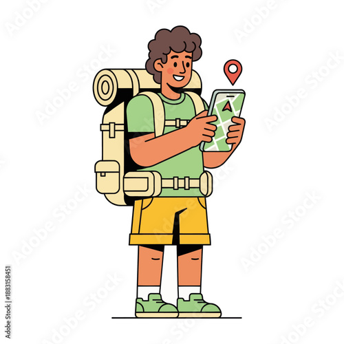 Young Male Traveler with Backpack Using Navigation Map on Smartphone, Vector Illustration of Man Navigating with Mobile GPS App, Happy Backpacker Explorer Isolated on White Background.