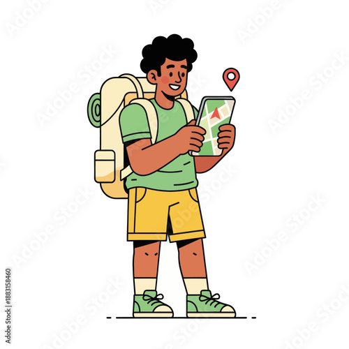 Young Male Traveler with Backpack Using Navigation Map on Smartphone, Vector Illustration of Man Navigating with Mobile GPS App, Happy Backpacker Explorer Isolated on White Background.