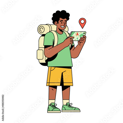 Young Male Traveler with Backpack Using Navigation Map on Smartphone, Vector Illustration of Man Navigating with Mobile GPS App, Happy Backpacker Explorer Isolated on White Background.