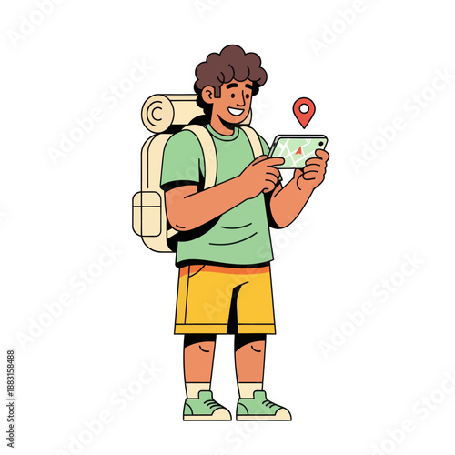 Young Male Traveler with Backpack Using Navigation Map on Smartphone, Vector Illustration of Man Navigating with Mobile GPS App, Happy Backpacker Explorer Isolated on White Background.