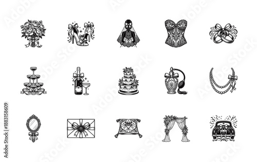 Vintage Engraving Style Coquette Wedding Essentials Clipart Illustration Set for Bridal Event Branding