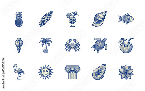 Woodcut Engraving Tropical Beach Elements Graphic Asset Sheet for Summer Travel Branding