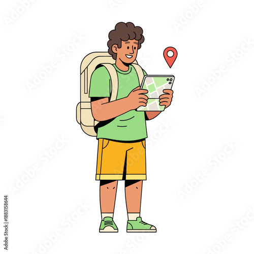 Young Male Traveler with Backpack Using Navigation Map on Smartphone, Vector Illustration of Man Navigating with Mobile GPS App, Happy Backpacker Explorer Isolated on White Background.