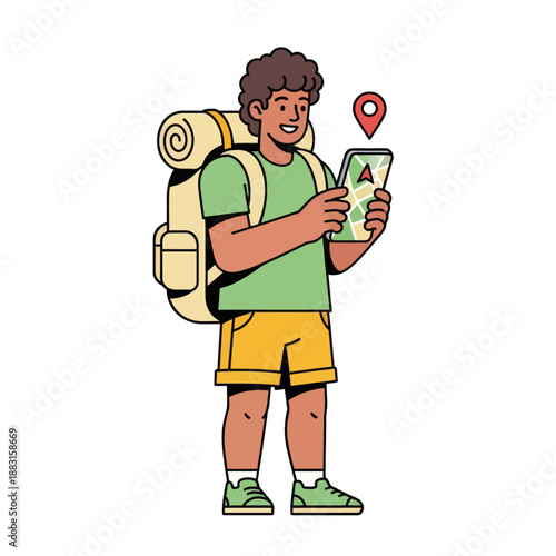 Young Male Traveler with Backpack Using Navigation Map on Smartphone, Vector Illustration of Man Navigating with Mobile GPS App, Happy Backpacker Explorer Isolated on White Background.