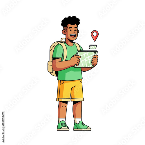 Young Male Traveler with Backpack Using Navigation Map on Smartphone, Vector Illustration of Man Navigating with Mobile GPS App, Happy Backpacker Explorer Isolated on White Background.