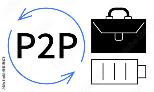 Digital transactions, energy sharing, collaboration, power transfer, business networks, peer-to-peer systems. P2P with blue arrows, briefcase and battery icon. Digital transactions and energy