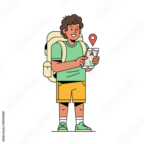 Young Male Traveler with Backpack Using Navigation Map on Smartphone, Vector Illustration of Man Navigating with Mobile GPS App, Happy Backpacker Explorer Isolated on White Background.