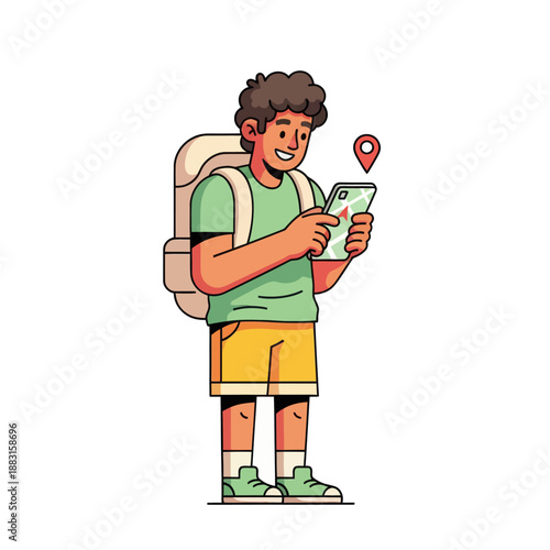 Young Male Traveler with Backpack Using Navigation Map on Smartphone, Vector Illustration of Man Navigating with Mobile GPS App, Happy Backpacker Explorer Isolated on White Background.