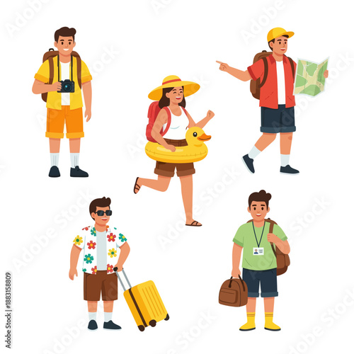 Set of Diverse Travelers and Tourists Vector Illustration. People with Suitcases, Backpacks, Map, and Duck Floatie Ready for Summer Vacation. Tourism and Adventure Concept on White Background.