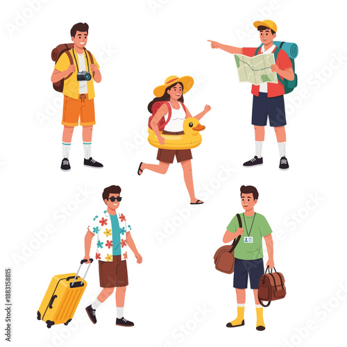 Set of Diverse Travelers and Tourists Vector Illustration. People with Suitcases, Backpacks, Map, and Duck Floatie Ready for Summer Vacation. Tourism and Adventure Concept on White Background.