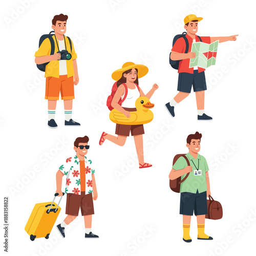 Set of Diverse Travelers and Tourists Vector Illustration. People with Suitcases, Backpacks, Map, and Duck Floatie Ready for Summer Vacation. Tourism and Adventure Concept on White Background.