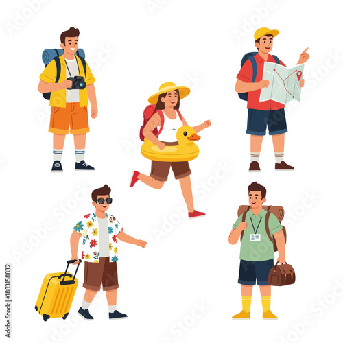 Set of Diverse Travelers and Tourists Vector Illustration. People with Suitcases, Backpacks, Map, and Duck Floatie Ready for Summer Vacation. Tourism and Adventure Concept on White Background.