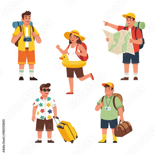 Set of Diverse Travelers and Tourists Vector Illustration. People with Suitcases, Backpacks, Map, and Duck Floatie Ready for Summer Vacation. Tourism and Adventure Concept on White Background.
