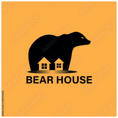Distinctive graphic logo showcasing a minimalist bear silhouette integrated with charming house icons, representing a unique concept of home, habitat, and natural dwelling