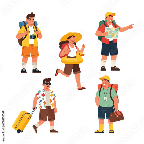 Set of Diverse Travelers and Tourists Vector Illustration. People with Suitcases, Backpacks, Map, and Duck Floatie Ready for Summer Vacation. Tourism and Adventure Concept on White Background.