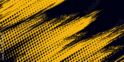 Halftone yellow dots pattern and black gradient grunge texture background. Dotted line comic sport style vector illustration