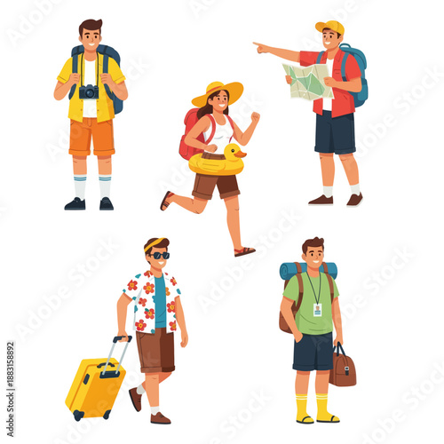 Set of Diverse Travelers and Tourists Vector Illustration. People with Suitcases, Backpacks, Map, and Duck Floatie Ready for Summer Vacation. Tourism and Adventure Concept on White Background.