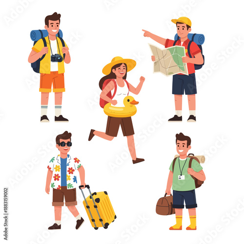 Set of Diverse Travelers and Tourists Vector Illustration. People with Suitcases, Backpacks, Map, and Duck Floatie Ready for Summer Vacation. Tourism and Adventure Concept on White Background.