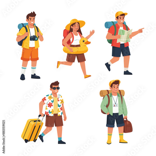 Set of Diverse Travelers and Tourists Vector Illustration. People with Suitcases, Backpacks, Map, and Duck Floatie Ready for Summer Vacation. Tourism and Adventure Concept on White Background.