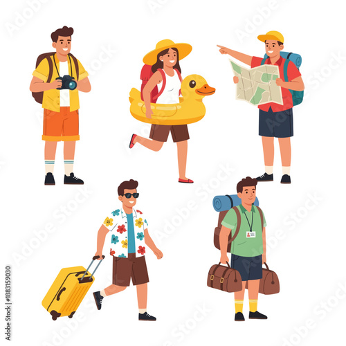 Set of Diverse Travelers and Tourists Vector Illustration. People with Suitcases, Backpacks, Map, and Duck Floatie Ready for Summer Vacation. Tourism and Adventure Concept on White Background.