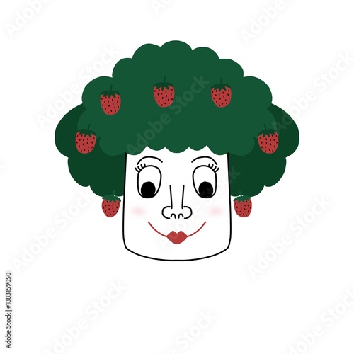 Creative woman portrait with nature bush and fruit hair.