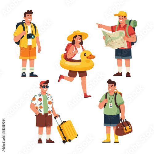 Set of Diverse Travelers and Tourists Vector Illustration. People with Suitcases, Backpacks, Map, and Duck Floatie Ready for Summer Vacation. Tourism and Adventure Concept on White Background.