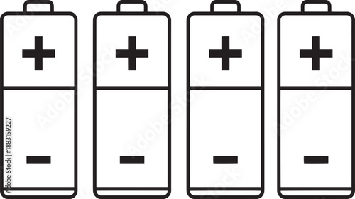 Four batteries with positive and negative terminals on a white background
