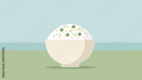 Simple Illustration Of A Rice Bowl, Minimalist Style With Delicious Garnish Display