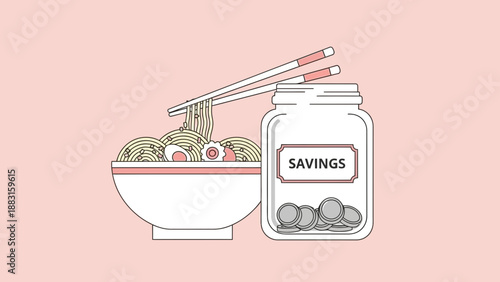 Saving For Enjoyment: Conceptual Illustration Featuring Ramen and Savings Jar In Soft Tones